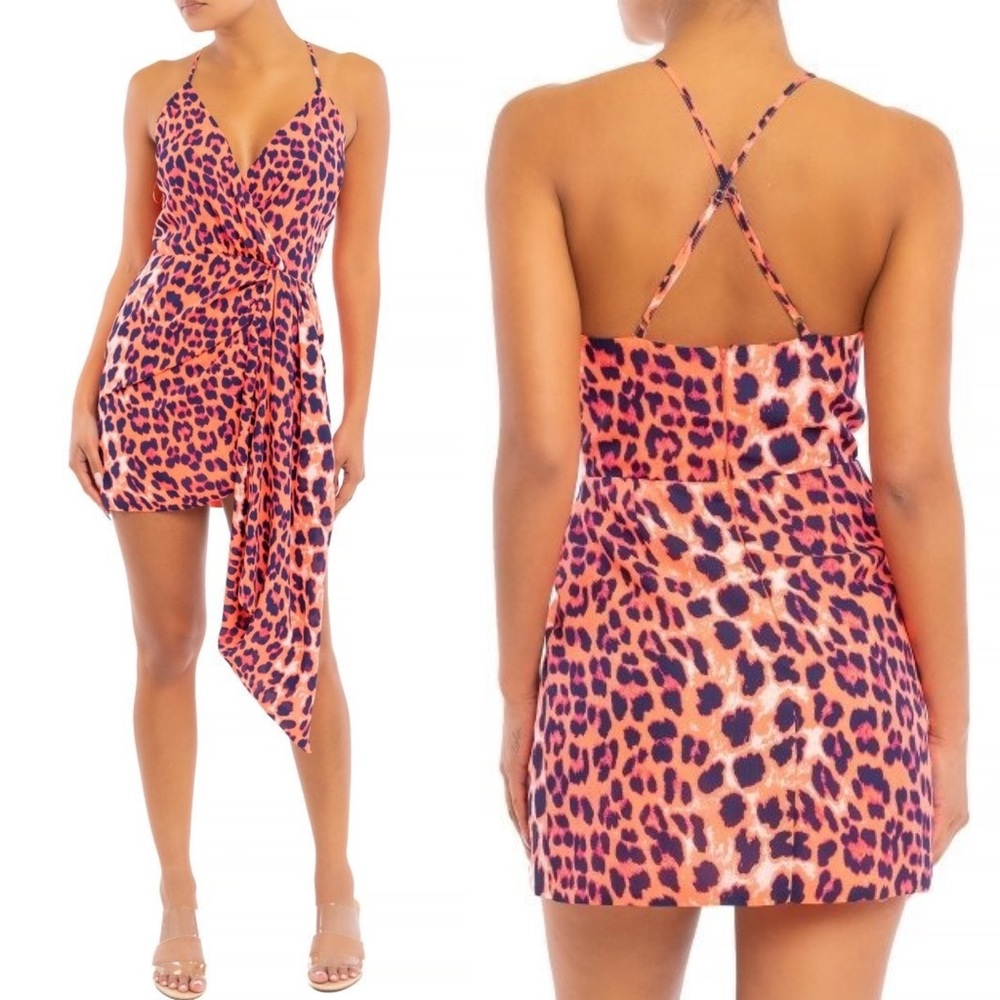 💖LAST ONE💖 Neon Pink Leopard Faux Wrap Summer Mini Dress (B)